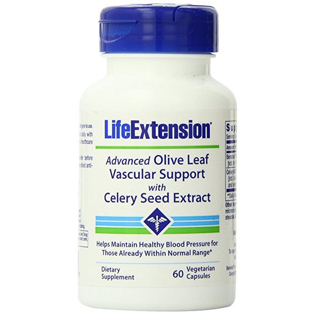 Life Extension Advanced Olive Leaf Vascular Support, Olive Extract, Selery Extract, oleuropeina, Blood Pressure Health Support, Cardioviral Health, Vegetarian, Gluten- Free, Non-GMO, 60 Kapsułki