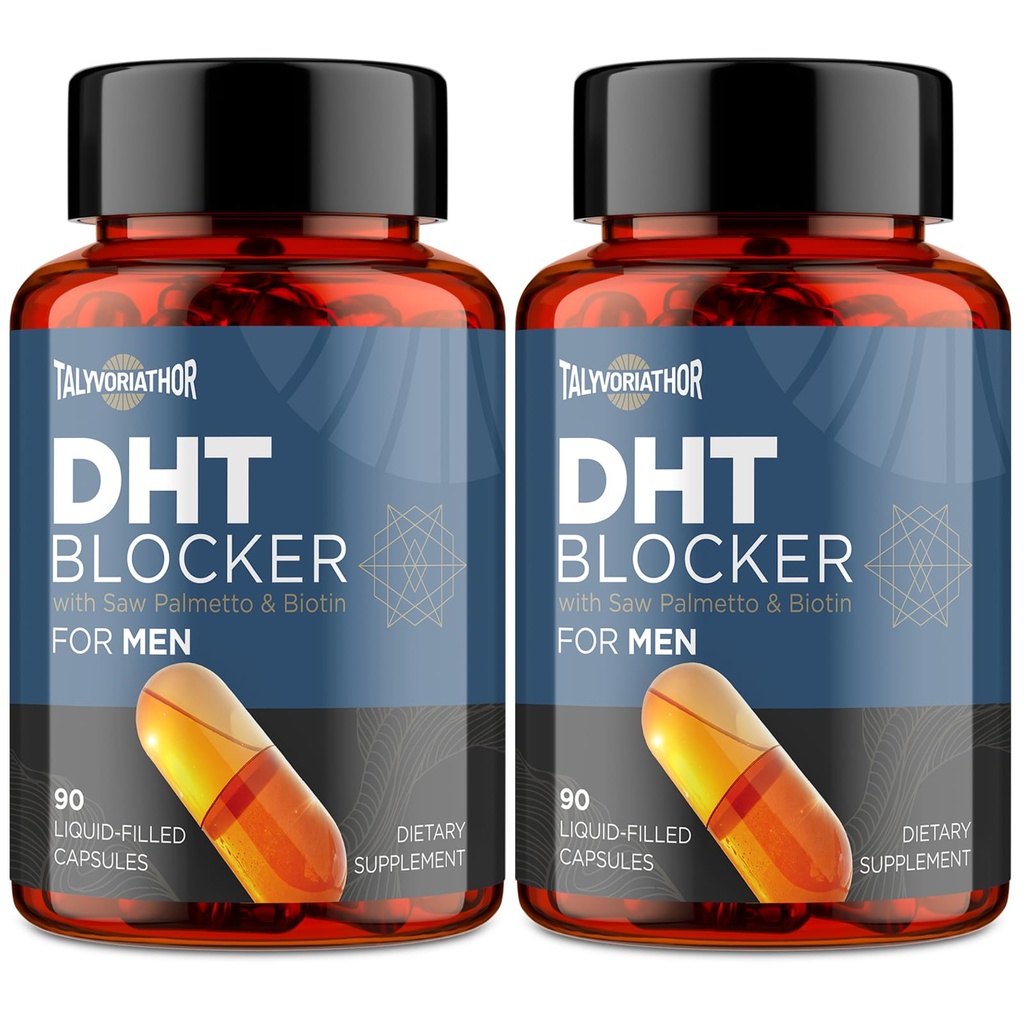Blocker DHT dla mężczyzn z piłą Palmetto & Biotin, Formuła wzrostu włosów w kapsułkach wypełnionych płynem, Suplementy do włosów, Witaminy Regroth włosów, Proprietary mieszanek ziołowych - 90 Kapsułki (2 butelki)
