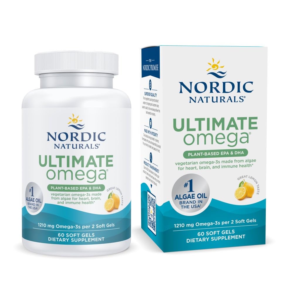 Nordic Naturals Plant Based Ultimate Omega, Lemon Flavor - 60 Vegetarian Soft Gels - 1210 mg Omega-3 - Vegan EPA and DHA - Supplement Made from Algae - Brain & Heart Support - Non-GMO - 30 Servings