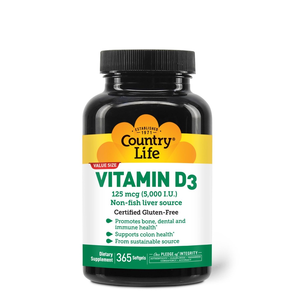 Country Life Witamina D3 5000 IU - Wysoka moc, Nie-Ryby Źródło, Wspiera zdrowie kości, Funkcje immunologiczne i Wchłanianie wapnia - 365 Softgels, Certified gluten- Free, Długoterminowe Dostawy