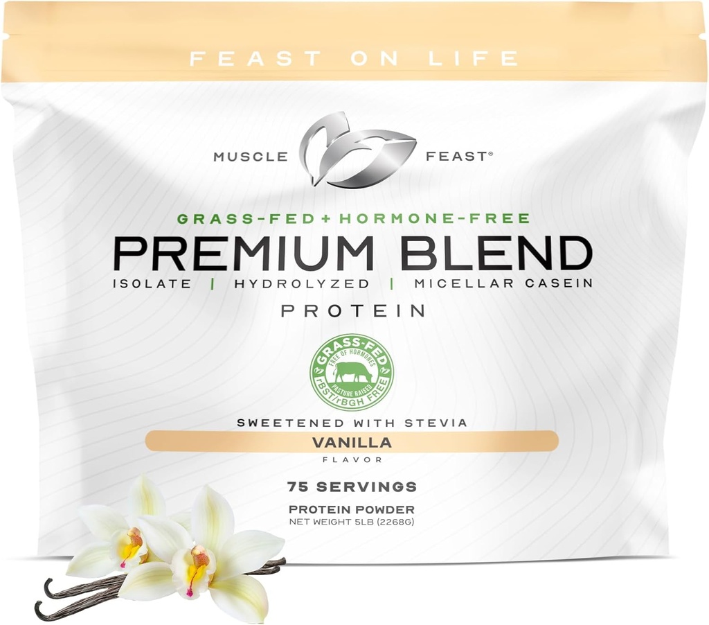 Muscle Feast Grass Fed Premium Mieszanka białka serwatki, hydrolizowane serwatki, izolat, Micellar Casein, 21g Protein, 100 Calories (Vanilla, 5lb)