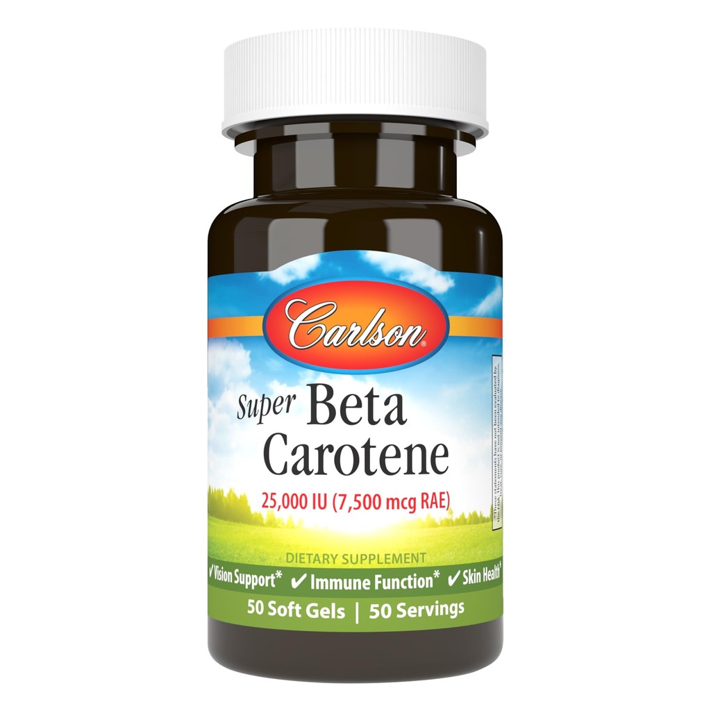 Carlson - Super Beta Karoten, 25000 j.m. (15 mg), Witamina A jako Beta Karoten, Biodostępna i Bioaktywna Forma, Vision Health, Zdrowa Skóra, 50 Softgels