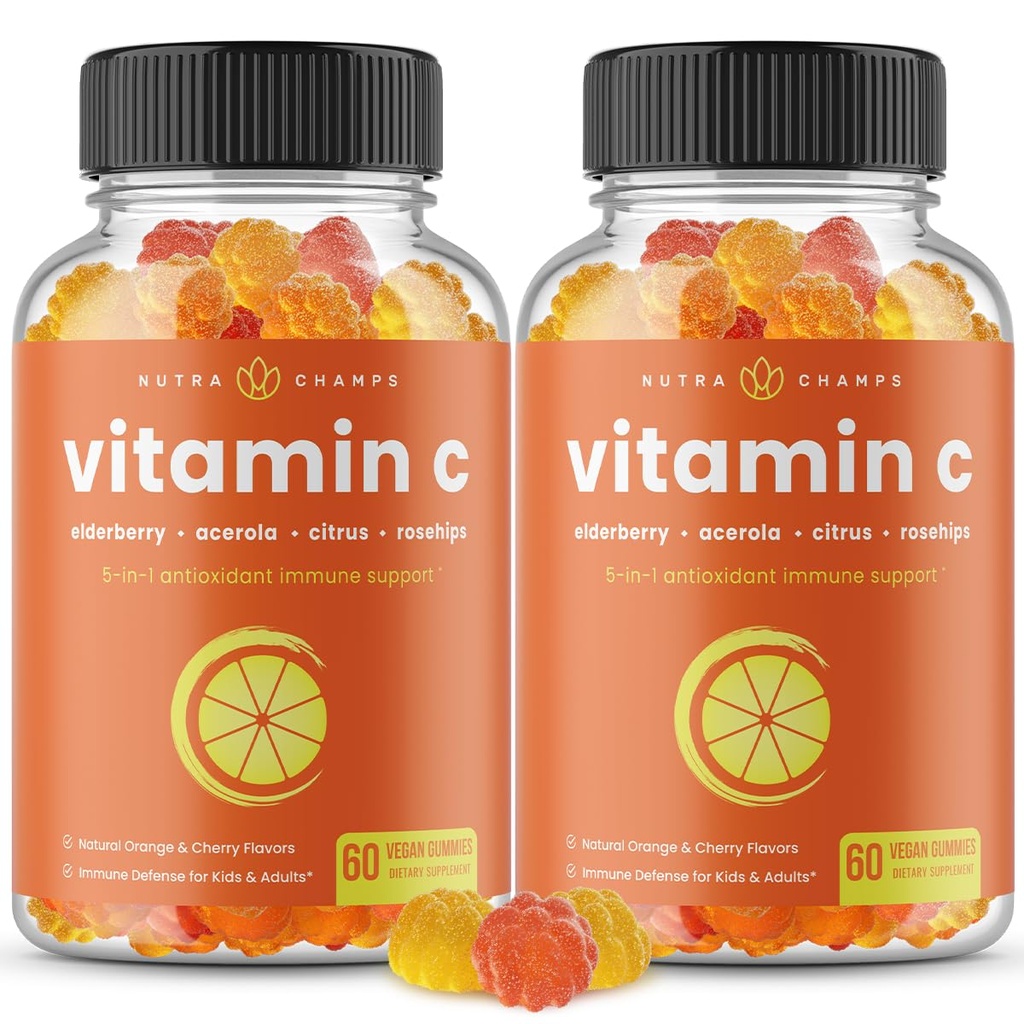 NutraChamps Witamina C Gummie dla dorosłych i dzieci, 5- in-1 Wsparcie systemu immunologicznego z Elderberry, Róża, Citrus Bioflavonoids & Acerola Cherry, Suplement do Wzmacniacza odporności (Opakowanie 2)