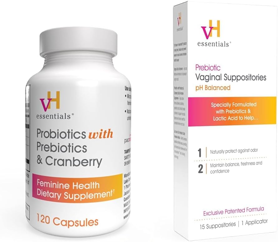 vH niezbędne Probiotyki z Prebiotykami i Żurawinowym Suplementem do Zdrowia Kobiet - 120 Kapsułek (544- 36) & Prebiotyk PH Balanced Vaginal SuppositoriesBox, Wersja oryginalna, 15 Count
