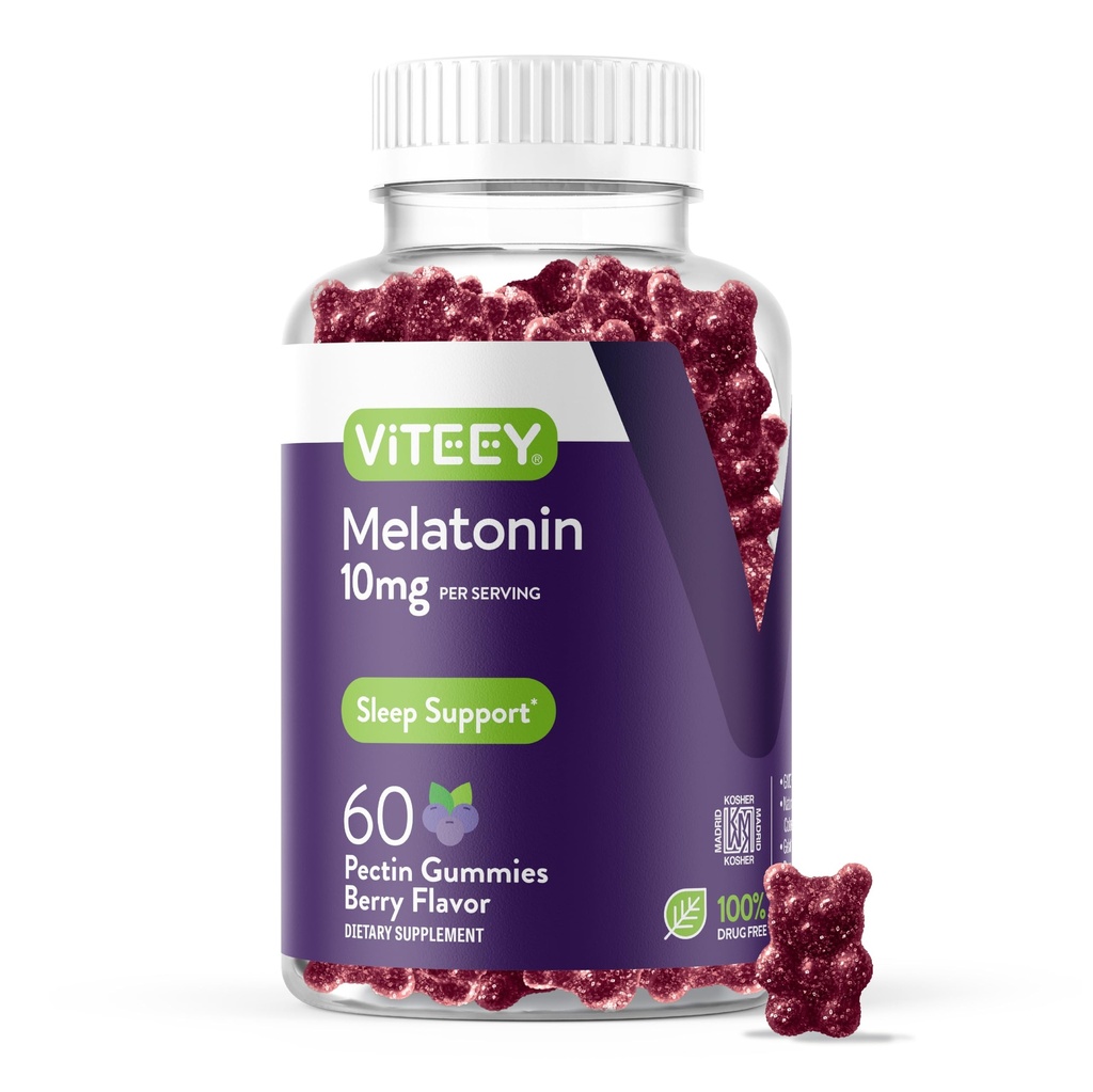 Viteey Melatonin Gummies 10mg - Gummies senny dla dorosłych Dodatkowa siła Melatonina - Wegan, GMO Free, Gluten Free - 60 Count