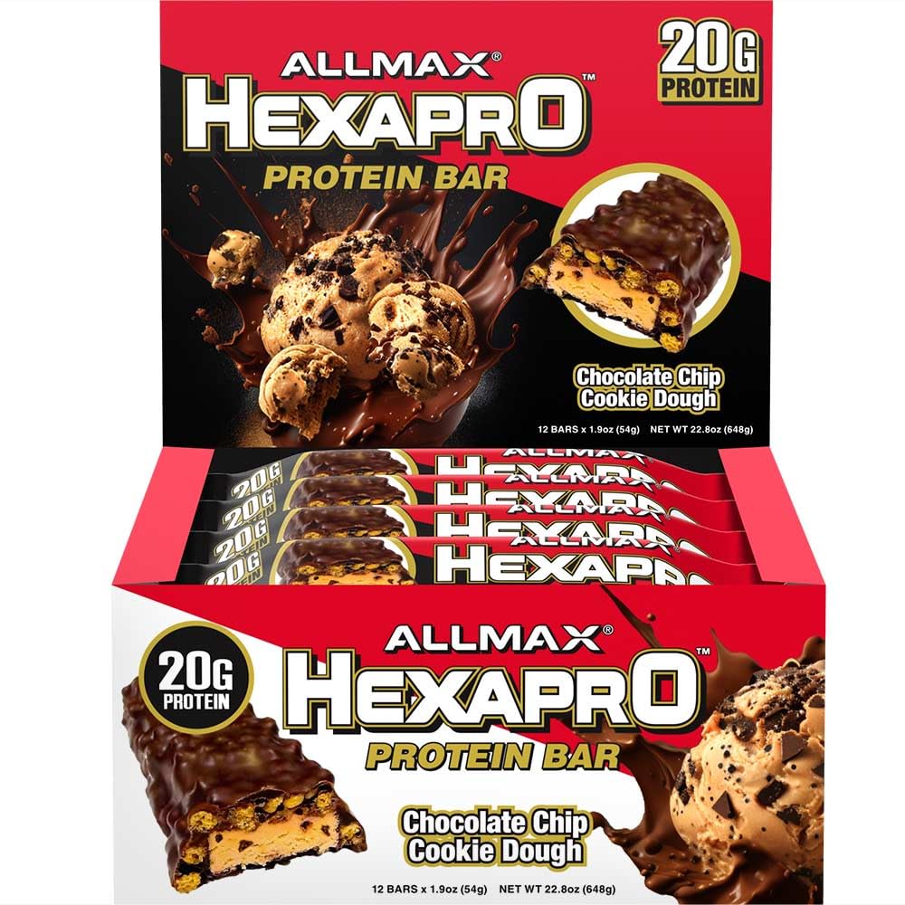 ALLMAX HEXAPRO PROTEIN BAR, Chocolate Chip Cookie Dough - Opakowanie 12 - Przekąski wysokobiałkowe - 20 g białka na bar - Z izolatem białka serwatki