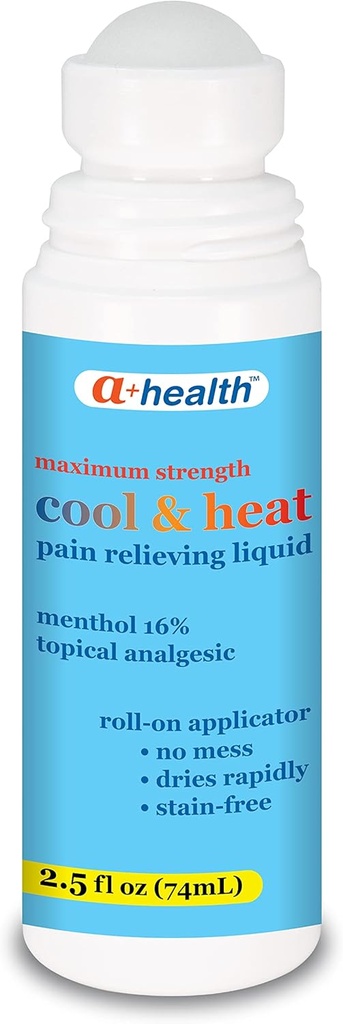 A + Health Cool & Heat Pain Relieving Liquid, Menthol 16%, Maksymalna wytrzymałość, Roll On, Made in USA, 2.5 fl Ounces (CoolHeat)