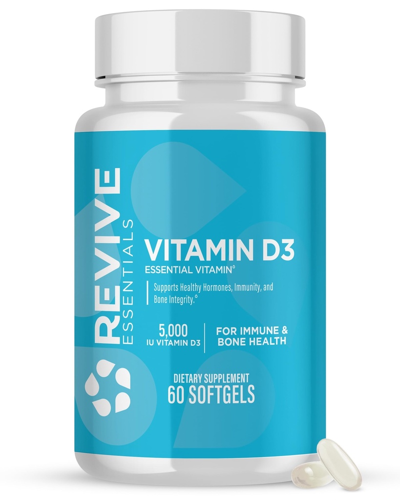 Revive MD suplement witaminy D3, 5000 j. m. - Wysoka moc Cholekalcyferol dla wsparcia immunologicznego, Wchłanianie wapnia, Bone & Muscle Health - Suplement dietetyczny niezawierający GMO - 60 Softgels