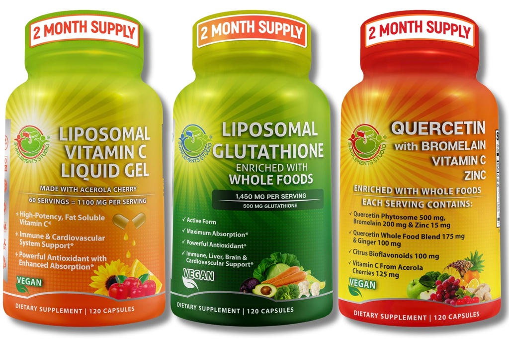 Witamina liposomalna C 1100mg płynnego żelu kapsułki - zestaw z - Liposomal glutation 500 mg suplement, Master Antioksydant & Detoksyfikator & Quercetin z bromelain witaminy C i cynku