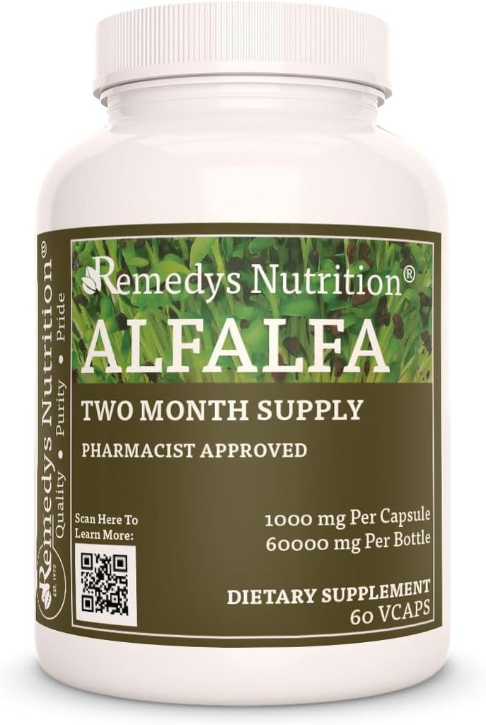 Remedy 's Nutrition Alfalfa - 1000 mg, 60 Kapsułek Wegańskich Ziołowych Suplement Dietetyczny - Dwa miesiące Dostawy
