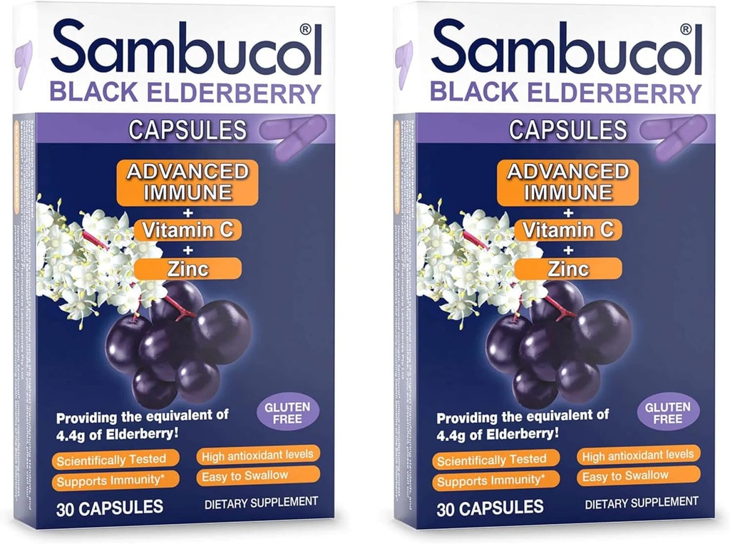 Sambucol Black Elderberry Kapsułki - Advanced Immune, Witamina C i Cynk, Kapsułki Elderberry, Wsparcie immunologiczne, Black Elderberry Suplementy, Gluten Free, Łatwe do połykania kapsułki - 30 Hrabia, 2- Pack