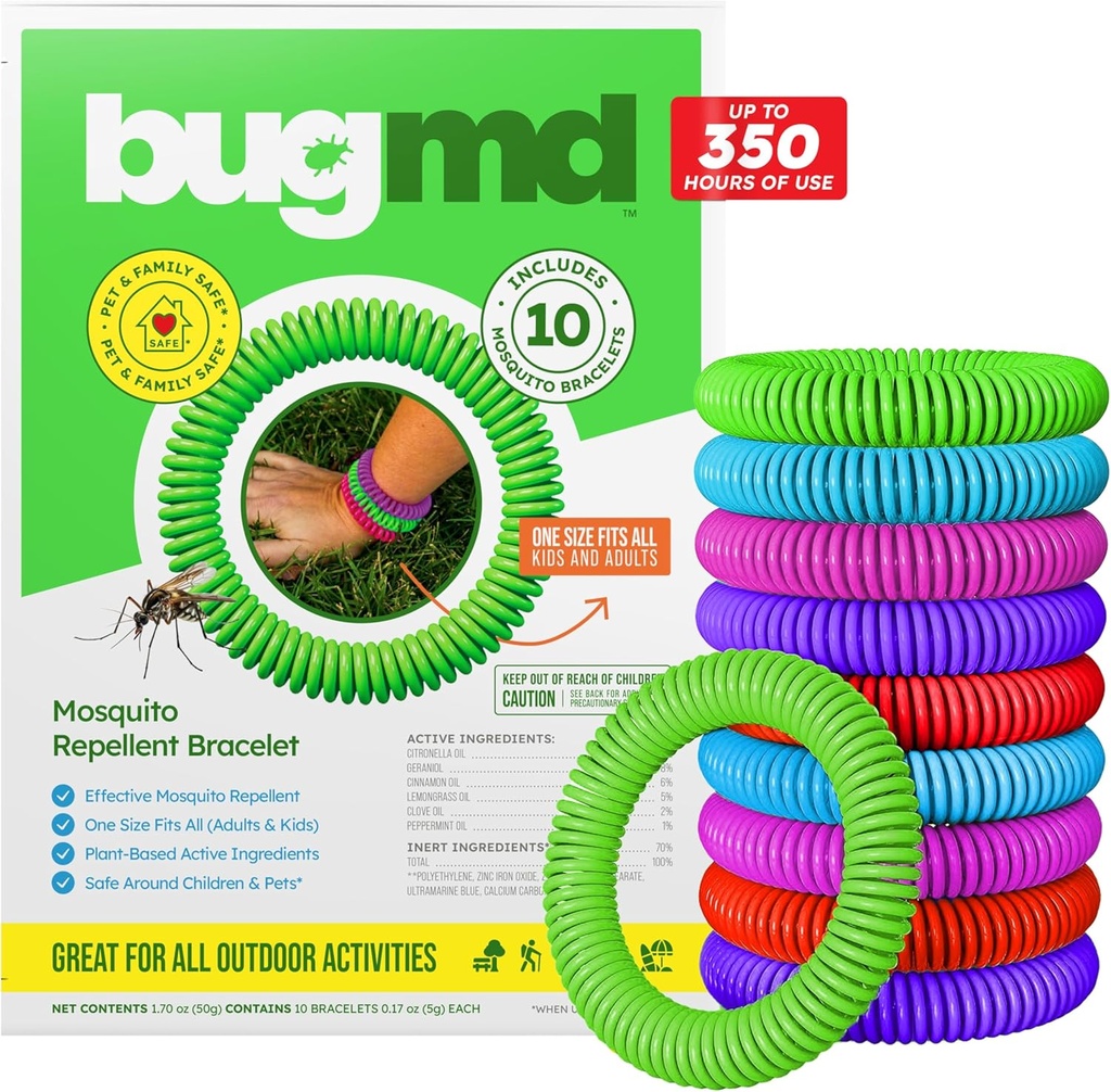 BugMD 10 Pack Mosquito bransoletki, Deet- Free Bandy dla dorosłych i dzieci, Naturalne i wodoodporne Citronella bransoletki na kempingu, piesze wycieczki, plaża, Travel & Outdoor Essentials