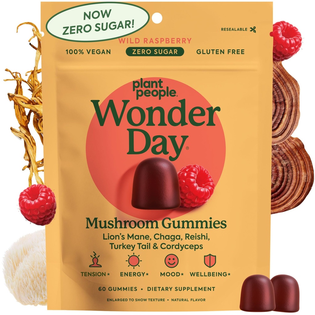 Plant People WonderDay Gummies - Lwie grzyby, Cordyceps, Chaga Mushroom Suplement do wsparcia systemu immunologicznego De- Stress Boost Mood & Energy u dorosłych Naturalny, Wegan, Non-GMO (60 Hr)