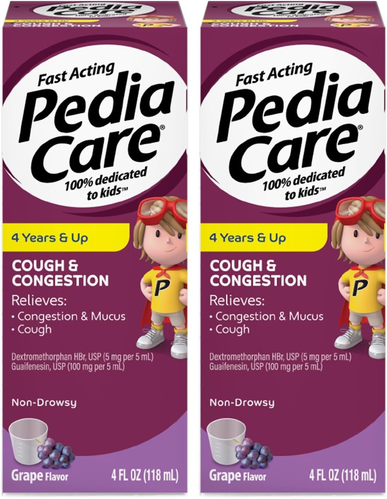 Dla dzieci Kaszel & Przekrwienie Płynna medycyna dla Kaszel, Przekrwienie klatki piersiowej i Mucus zimne objawy, Non- Drowsy, Wiek 4 +, Flavor Grape, 4 fl oz (2 Pack)