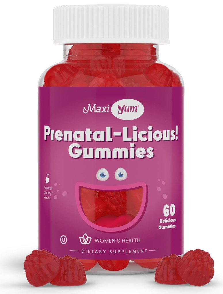 Maxi Health Women 's Organic Prenatal Gummies - Kosher Cherry Flavored Pre Natal Gummy - Prenatal Vitamin dla kobiet z kwasem foliowym i żelazem dla rozwoju płodu, 60 Hrabia