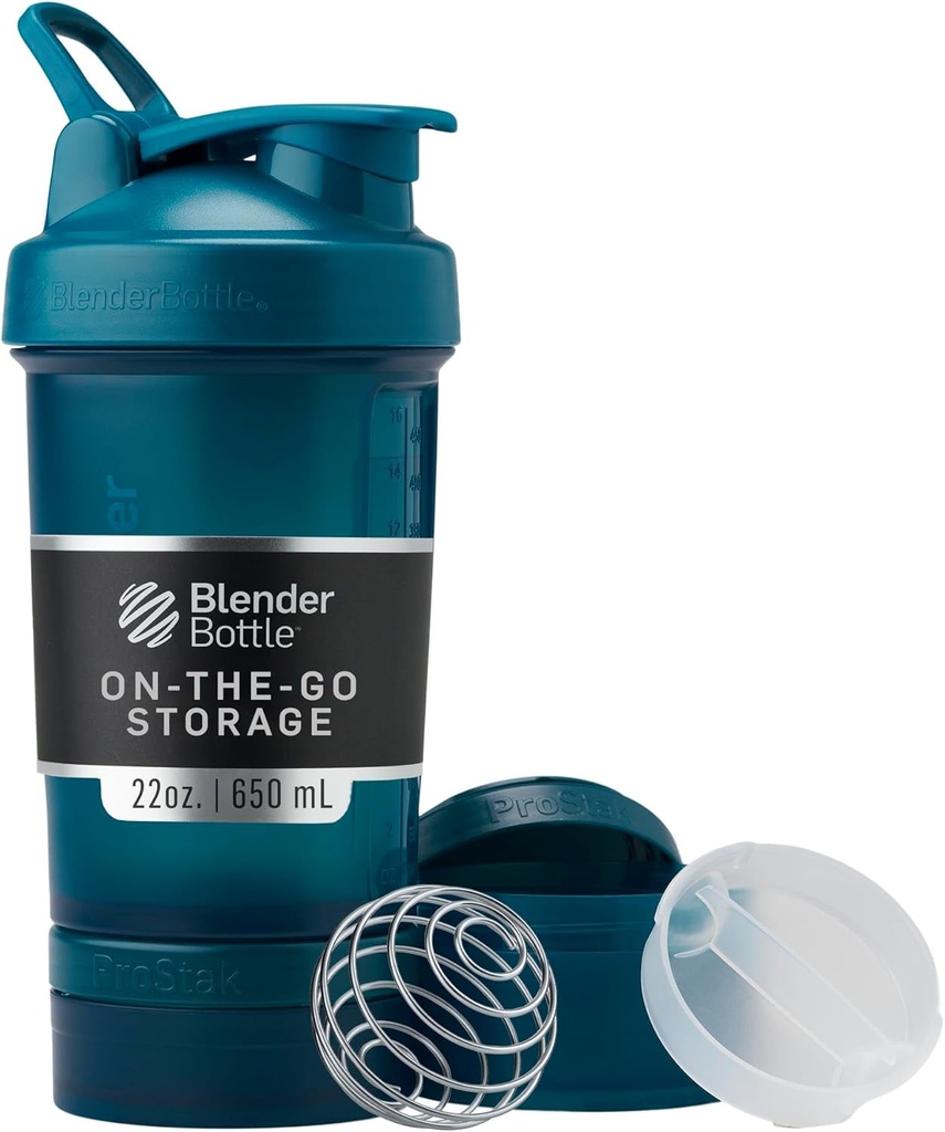 BlenderBottle Shaker Butelka z Pill Organizer and Storage for Protein Powder, Classic V2 ProStak System, 22- Ounce, Ocean Blue