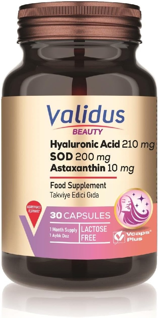 VALIDUS kwas hialuronowy 210 mg + astaksantyna 10 mg 30 kapsułek (Vcaps Plus)