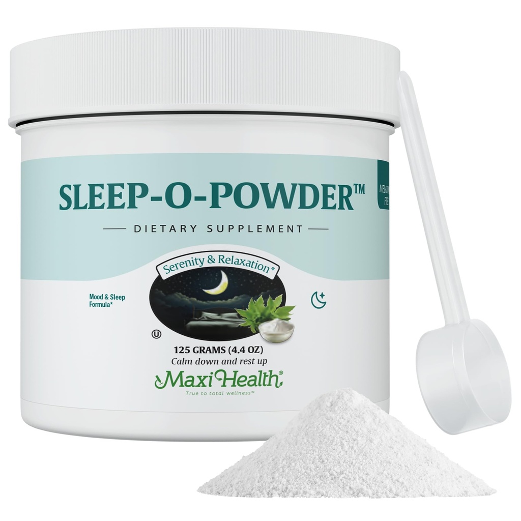 Maxi Health - Proszek senny z magnezem, Inozytolem i L- Tryptofan - Zero Melatonin Non Habit Forming Sleep Aid - Easy Drink Mix, Relaxing Sleep Drink Supplement for Bedtime, 4.4 Oz Sleep- O- Powder