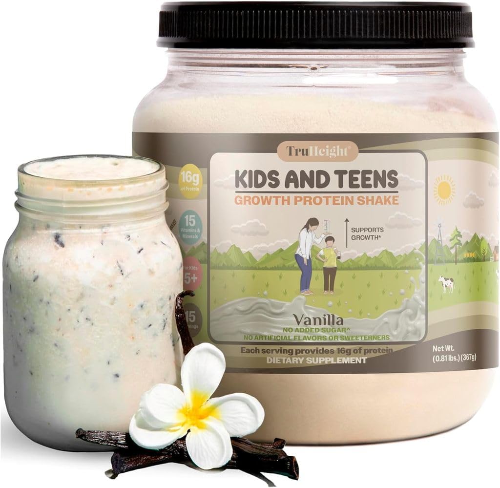 TruHeight Growth Protein Shake (Vanilla Ice Cream Flavor, serwatka) Wzrost i rozwój Protein Powder for Kids & Teens - Drinki z zyskiem na wadze - Endorsed by Pediatricians, Picky Eater Witamina, Wiek 4 +