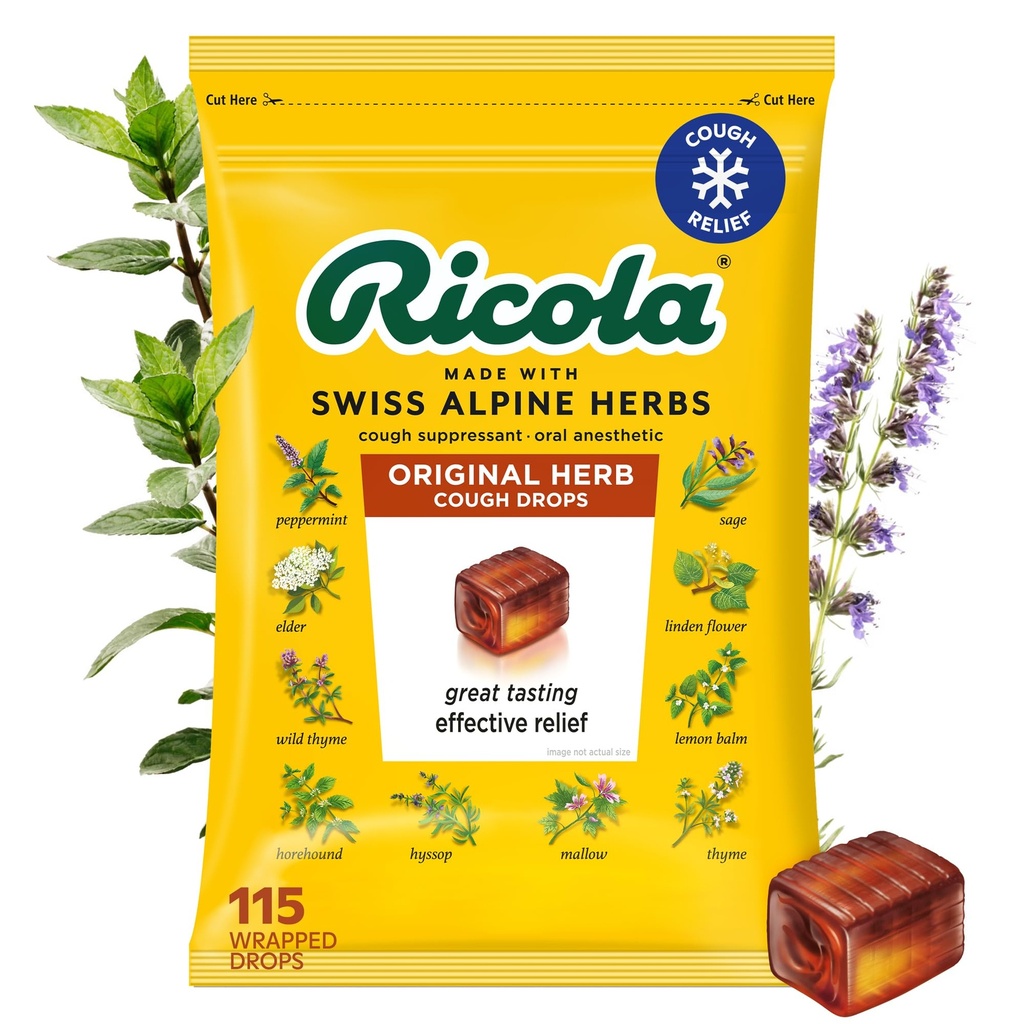 Ricola Original Herb Cough Drops, 115 Count, Cough Suppressant & Throat Relieving Drops with Naturally Sourced Menthol, Ulepszanie Herbal Taste for Coughs & Throat Irritation Symptom Relief