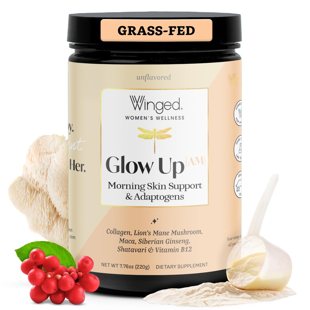 Winged Wellness Glow Up AM, Collagen Proszek dla kobiet - Poranne uzupełnienie urody dla świecącej skóry z Grass- Fed Zhydrolizowane Kolagen Peptydy, Lwie grzywa i Maca Root - 21 Służenia, Unflavored
