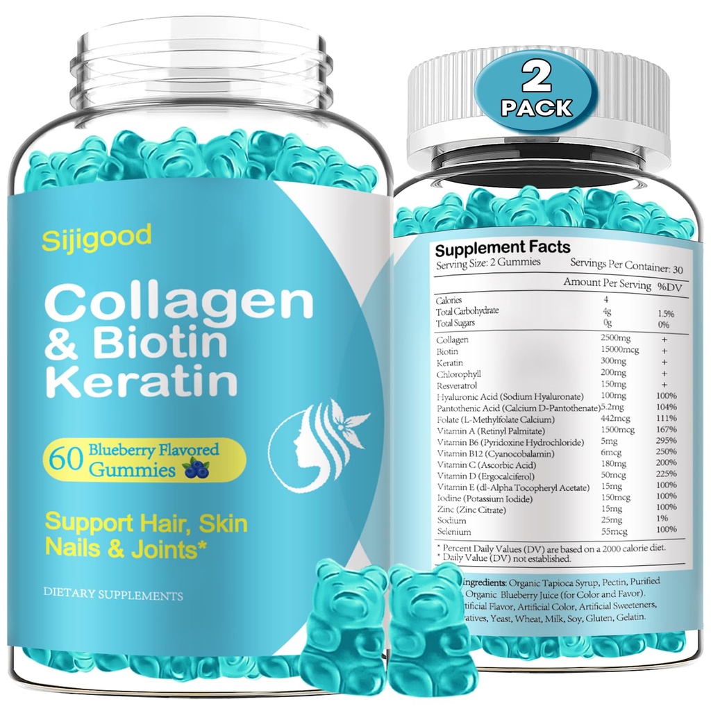 2 Pack Biotin Gummies z Collagen, Keratyna, Kwas hialuronowy, Witamina dla skóry, Wzrost włosów, paznokci, Kobiety Mężczyźni Dorośli Dzieci - Blueberry Flavored, 120 Gummies
