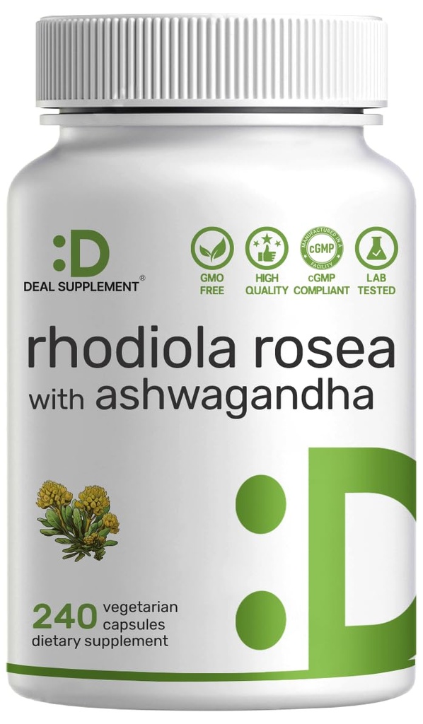 DEAL SUPLEMENT Rhodiola Rosea z Ashwagandha, 240 Kapsułki wegetariańskie - Max Siła 10: 1 Ekstrakt korzeniowy - Dopasowujące Suplementy do Relaks, Energia, & Zdrowie mózgu * - Non-GMO