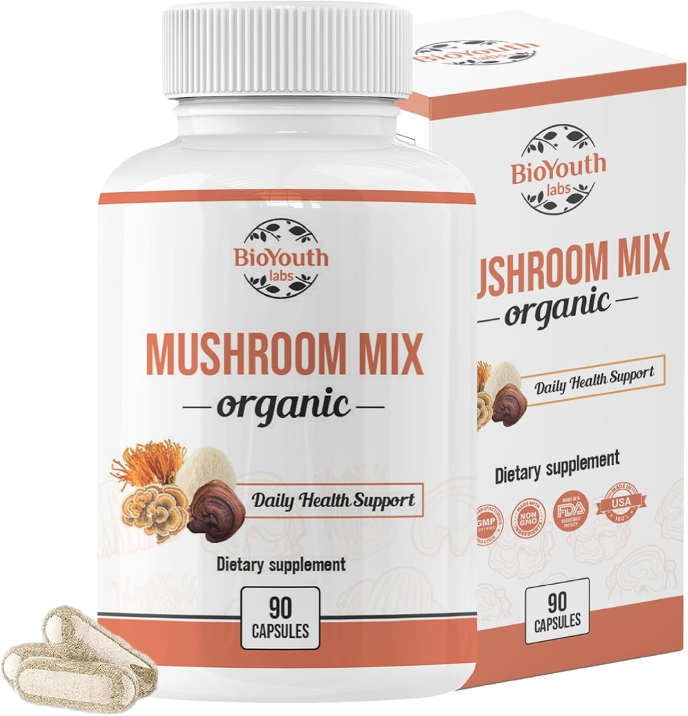 Organiczny mieszany Mushroom Kapsułki Naturalne Suplement Supples 124; Cordyceps Sinensis, Reishi, Lion 's Mane, Turcja Tail Supples 124; Wsparcie immunologiczne, Vitality Boost, Non-GMO & Allergen- Free 124; 90 Kapsułki