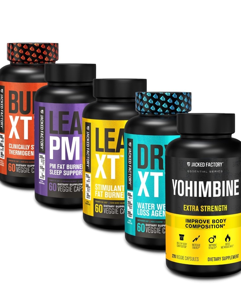 Jacked Factory Thermogenic Fat Burner Weight Loss Supplement - Burn- XT Thermogenic i Lean PM Nighttime Weight Loss Sleep Aid - Lean- XT Caffeine- Free Fat Burner, Yohimbine kapsułki, Dry XT Diuretic
