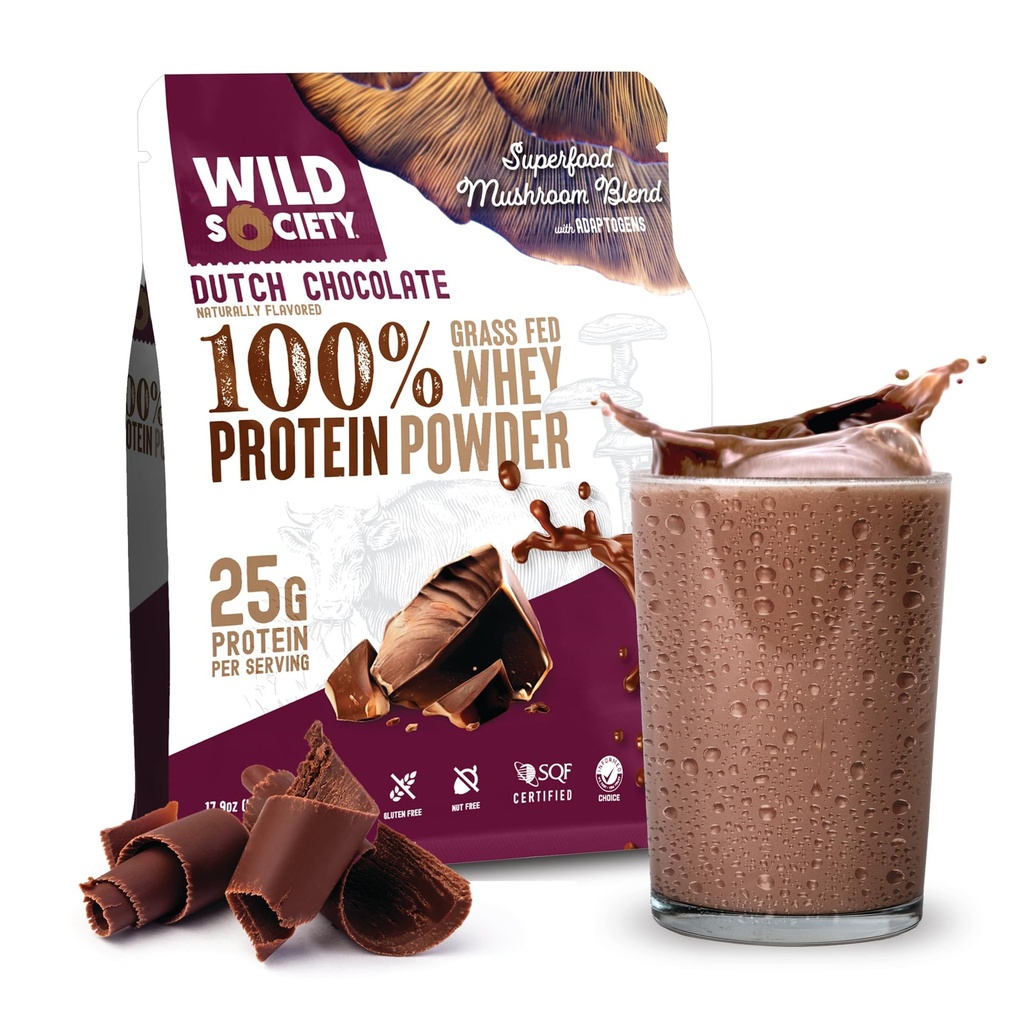 SPOŁECZEŃSTWO WILD - Premium 100% Granulka z serwatki w proszku + Superfood Mushrooms & Adaptogens - 25g Protein, Clean Protein w proszku, 0 Dodano cukier, Nie GMO, Gluten Free - Holenderska czekolada - 17.9 oz