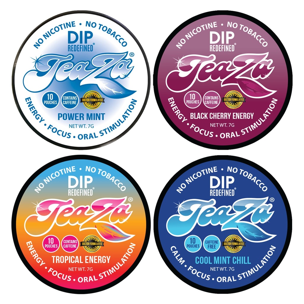 Nowy Teaza Herbal Energy Pouch Mieszany (4 opakowania) Peppermint- Tropical- Cool Mint Chill- Banging Black Cherry