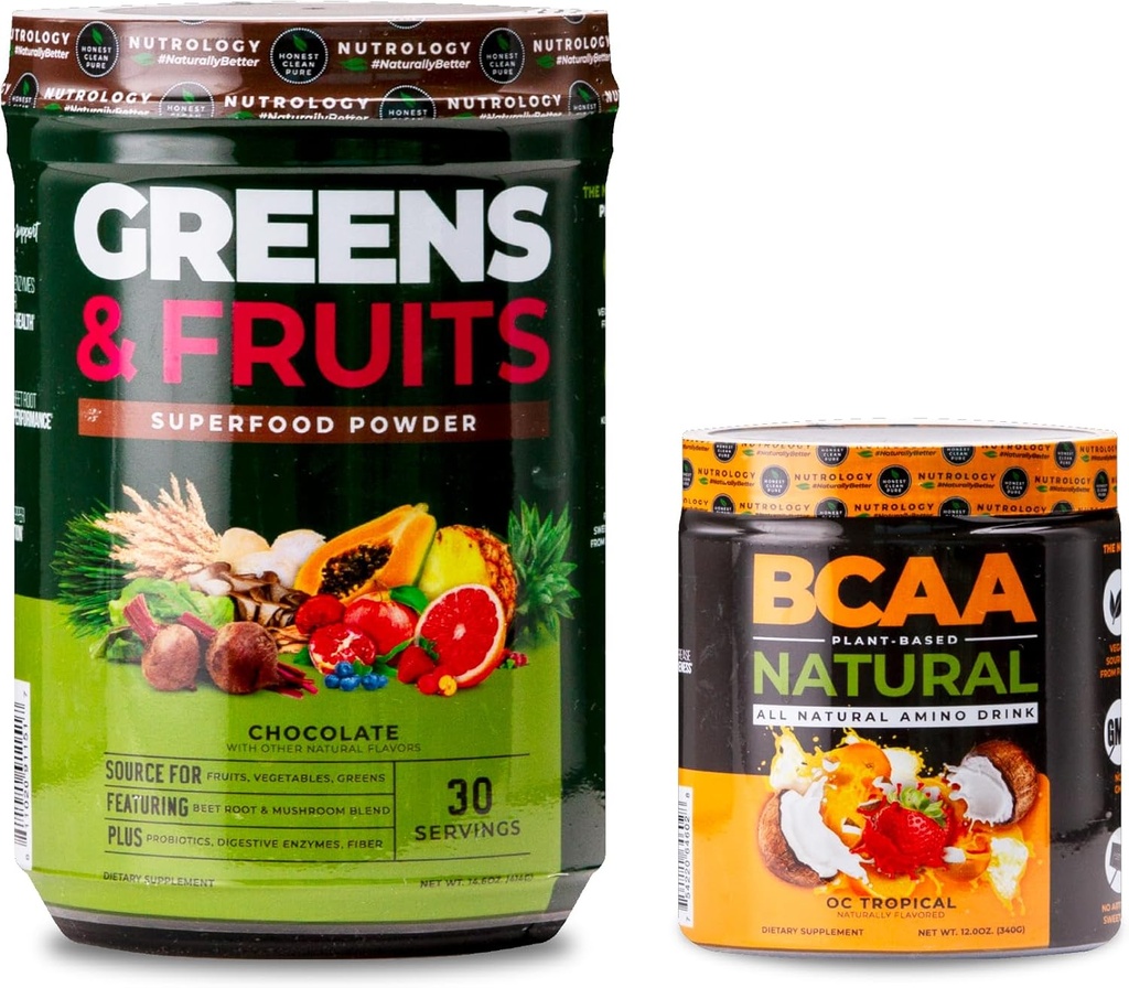 Nutrologia Zielone i owocowe Powder- Naturalne zasolone Superfood, Czekolada (30 Słupki) BCAA Naturalne, Rośliny oparte BCAA Proszek, Pomarańczowy aromat kokosowy (30 Słupki)