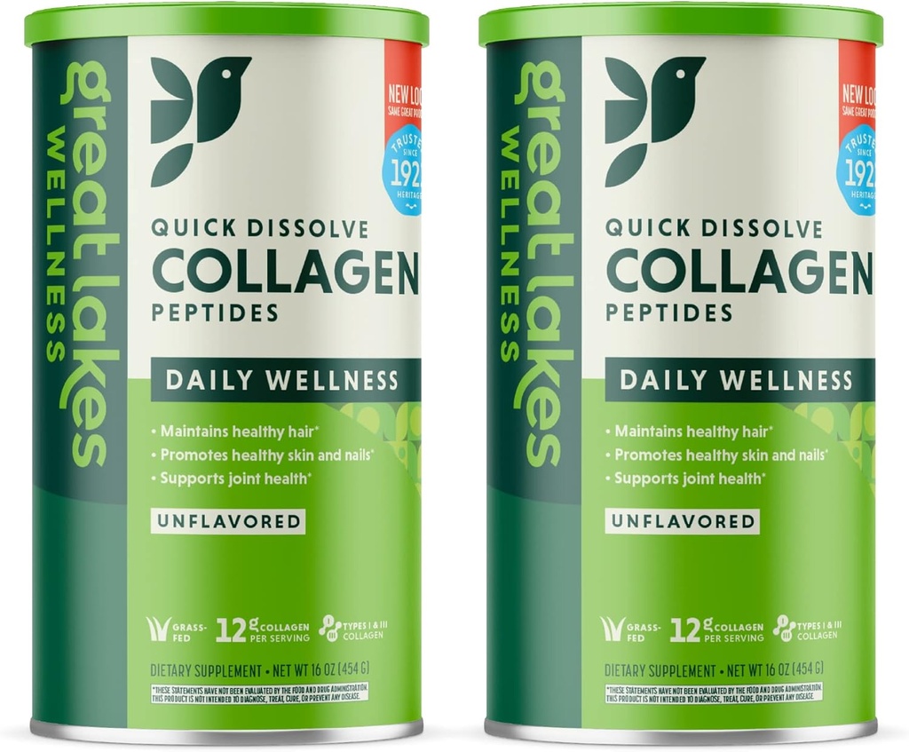 Wielkie Jeziora Wellness Kolagen Peptydy Proszek do skóry, Włosy, Nails, Łączniki i Spożywanie - Unflavored - Szybkie rozpuszczanie hydrolizowane, Non-GMO, Keto, Kosher - 16 oz - 2 opakowania - Opakowania maja Vary