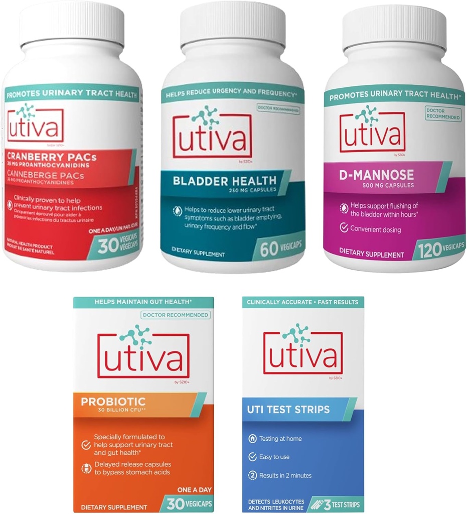 15% Bundle Utiva Cranberry PAC 30 Vegi kapsułki + Utiva Bladder Health 60 kapsułki + Utiva D- Mannose 500mg 120 kapsułki + Utiva Probiotic 30 Opóźnione uwalnianie Vegi kapsułki + Utiva UTI Zakres badania