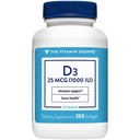 Witamina Shoppe Witamina D3 1000IU Softgel, Wspiera zdrowie kości i odporności, Pomaga we wzroście komórek & Wchłanianie wapnia, Gluten Free & Once Daily Formula (200 Softgels)