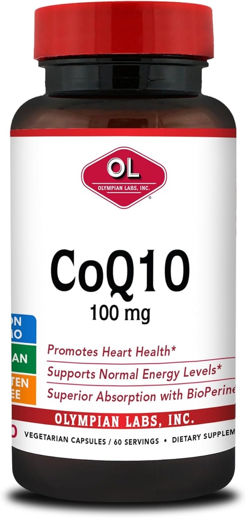 Olympian Labs CoQ10 100mg Spreparowane z bioperyną dla większego wchłaniania, Wsparcie zdrowia serca 60 Kapsułki