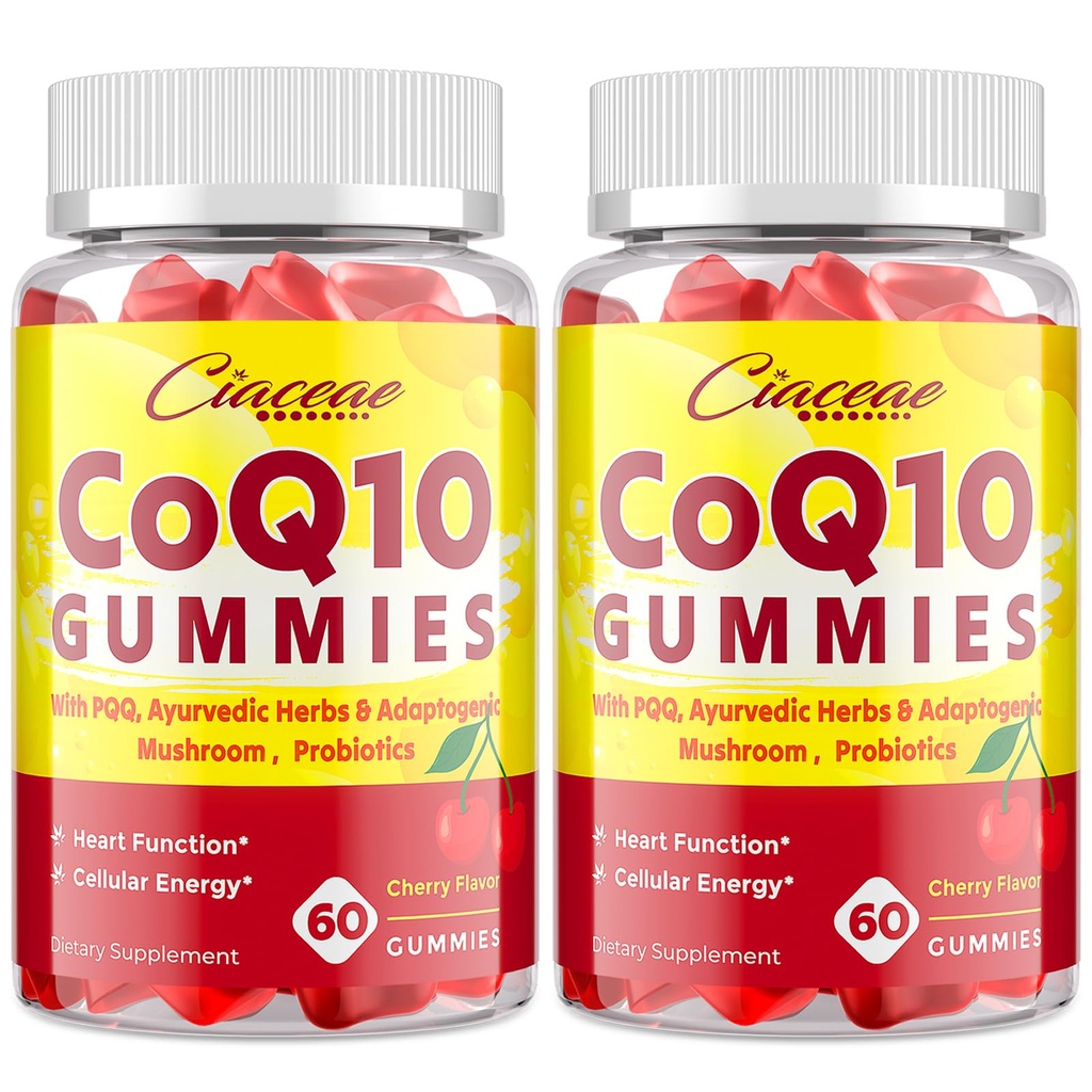 Gumie CoQ10 z PQQ - 400 MG Koenzym Q10 Wysokiej mocy, Wzmocnione z ajurwedycznych ziół, Adaptogenetic Mushroom Blend & Probiotyki do serca, Mózg, Energia, Immunitet, Cherry Flavor, 120 Gummies Wegan