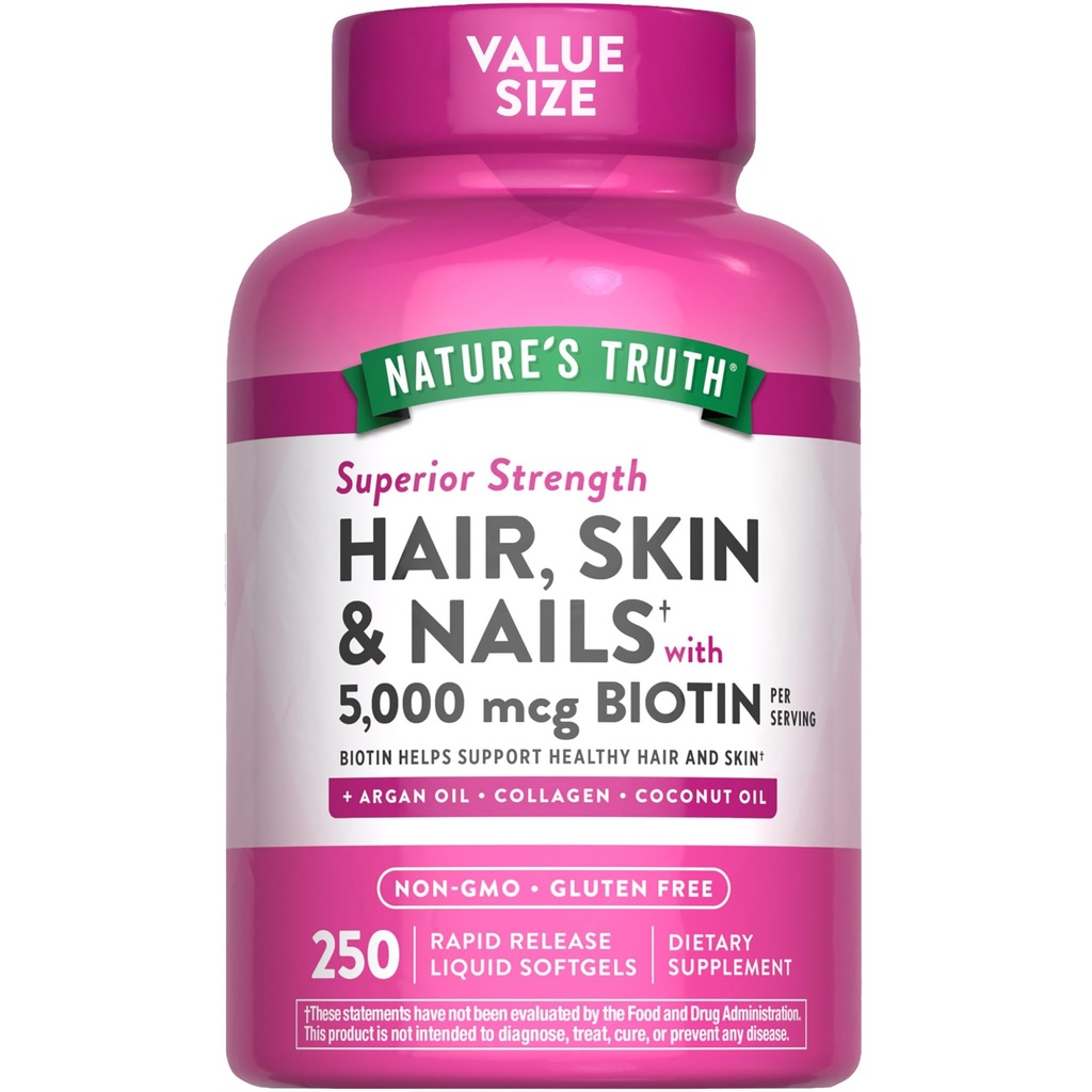 Nature 's Truth Hair, Skin & Nails Witaminy 124; 5000mcg XI124; 250 Softgels XI124; Obejmuje Collagen, Biotin i oleju kokosowego 124; Non-GMO & Gluten suplement dla kobiet i mężczyzn