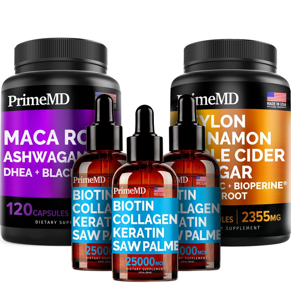 5- in-1 Ceylon Cynamon (120ct), 4- in-1 Biotin Collagen Keratin Saw Palmetto (2 fl oz - 3 Pack) i 6- in-1 Maca Root Ashwagandha (120ct) Bundle - Energia, nastroje, włosy, skóra i suplement wsparcia immunologicznego