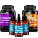 5- in-1 Ceylon Cynamon (120ct), 4- in-1 Biotin Collagen Keratin Saw Palmetto (2 fl oz - 3 Pack) i 6- in-1 Maca Root Ashwagandha (120ct) Bundle - Energia, nastroje, włosy, skóra i suplement wsparcia immunologicznego