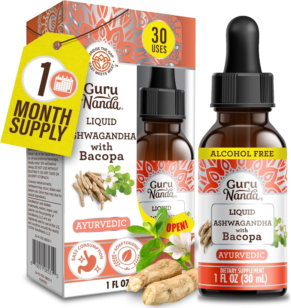 GuruNanda Liquid Ashwagandha z Bacopa (1 Fl Oz) - Naturalny suplement dietetyczny - Płynne krople ekstrakcyjne - dla mężczyzn i kobiet - Wegan & Alkohol - Pomoc w immunologii, Focus & Relaxation Support