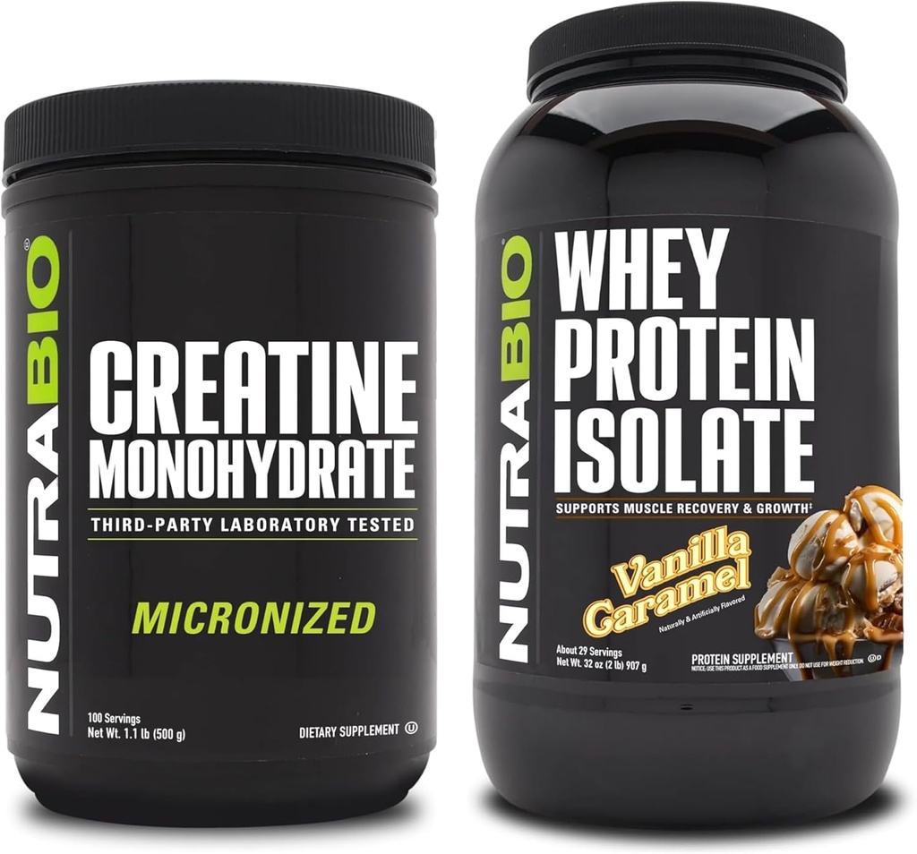 Monowodzian NutraBio Creatine, izolat nieflaworyczny, 500 g i białko serwatki, karmel waniliowy, suplement Bundle - Energia mięśniowa, Lean Muscle Growth, Odzysk i Siła