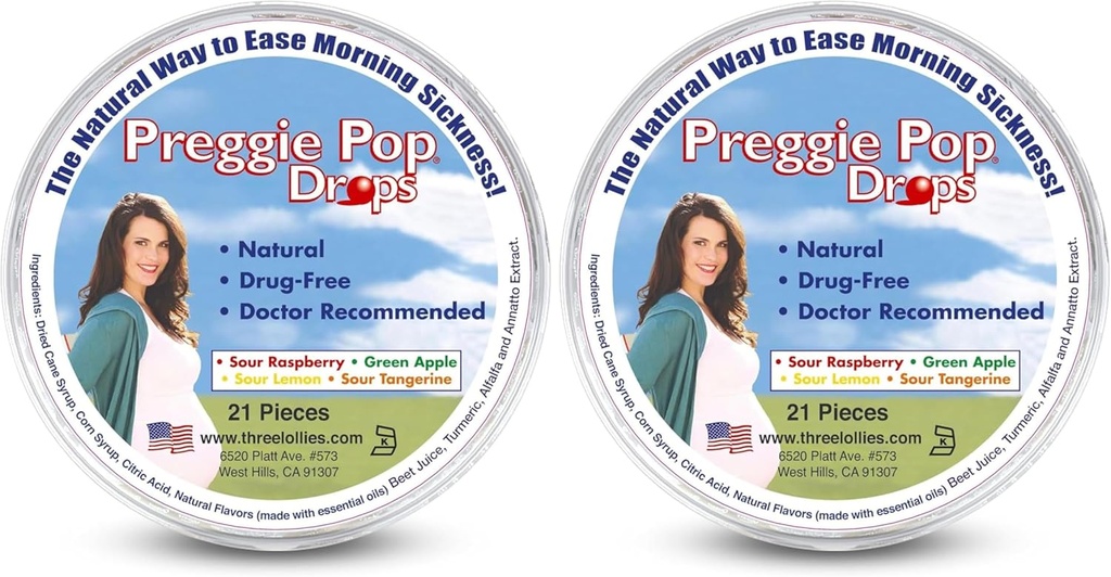 Trzy Lollies Preggie Pop Drops - 21 Drops - Poranne choroby podczas ciąży - Bezpieczne dla ciężarnych Mama & Baby - Gluten Free - Cztery aromaty: Lemon, Malina, Zielone jabłko, Tangerine (Opakowanie 2)