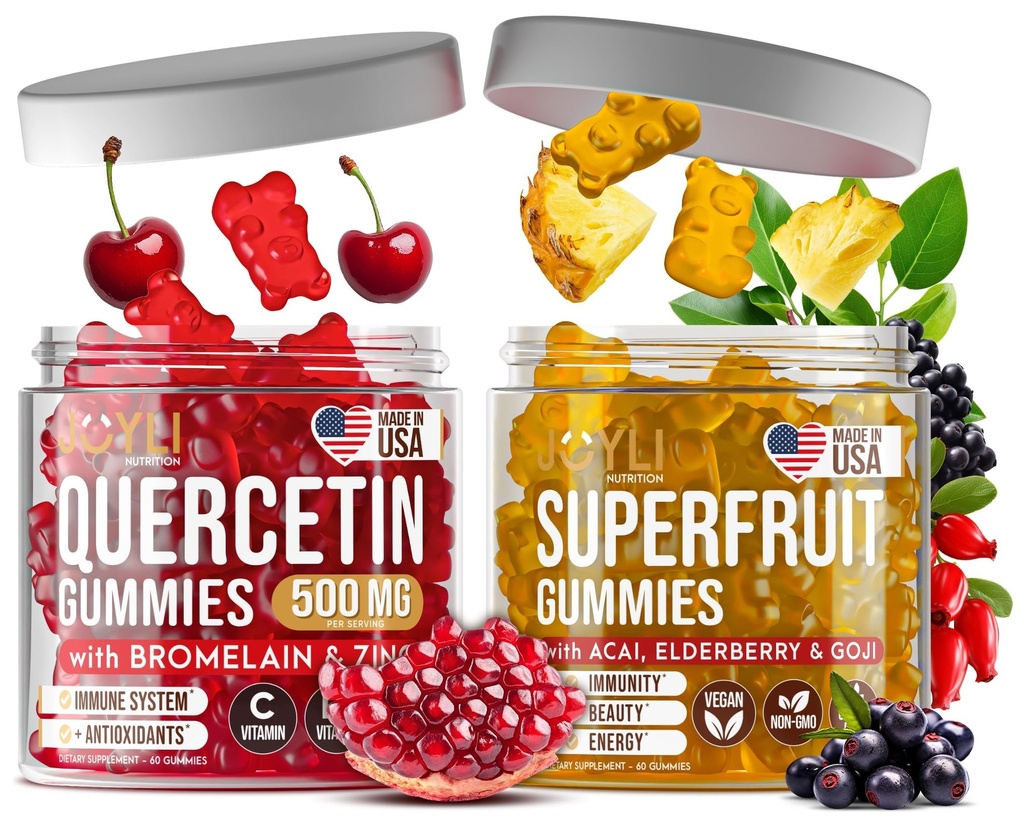 Joyli Quercetin & Superfruit Gummies Bundle - Immune & Antioksydant Support - Vegan Multivitamin Formuła z witamin A, C, D, E, Cynk, Goji & Elderberry - 2 opakowania dla dorosłych
