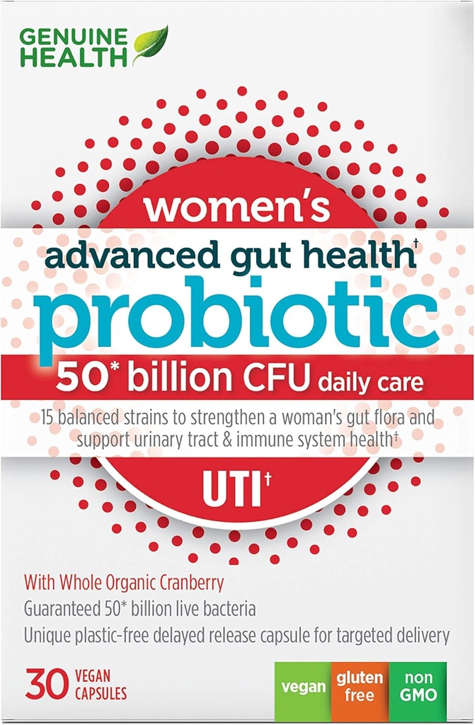 Genuine Health Women 's Daily Probiotic for UTI Support, Pomaga promować zdrową trakturę moczu, Multi- Szczeliny, Formuła organiczna z żurawiny, 30 Kapsułki