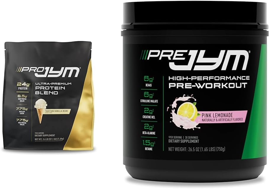 PRO JYM 45 Służenie Tahitian Vanilla + PRE JYM 30 Służenie Pink Lemoniada Przed - Trening w proszku Bundle