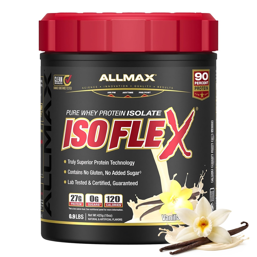 ALLMAX ISOFLEX izolat białka serwatki, wanilia - 1 lb - 27 gramów białka na miarkę - zero tłuszczu i cukru - 99% laktoza wolna - gluten wolny i sojowy - ok. 15 Służenie