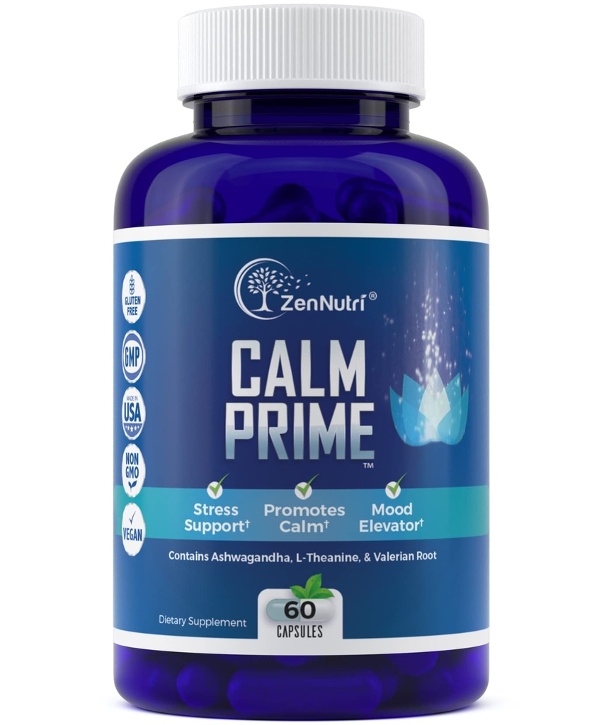 Relate Prime Stress Relief Supplement Non- Drowsy Nex124; Mood Supplement Supplement Nex124; Mood Boost Nex124; Vegan Daytime Stress Supplements Calm Aid Nex124; Stress Vitamins - Ashwagandha, Valerian Root - 60 Count