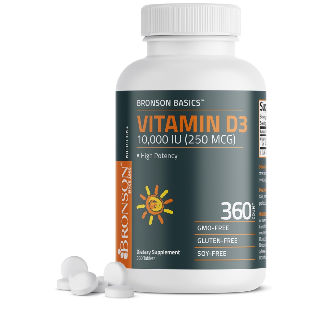 Bronson Witamina D3 10,000iu (250mcg) 1 Rok Dostawa dla Zdrowego Mięśnie Funkcje i Wsparcie immunologiczne, Nie- GMO, 360 Tabletki