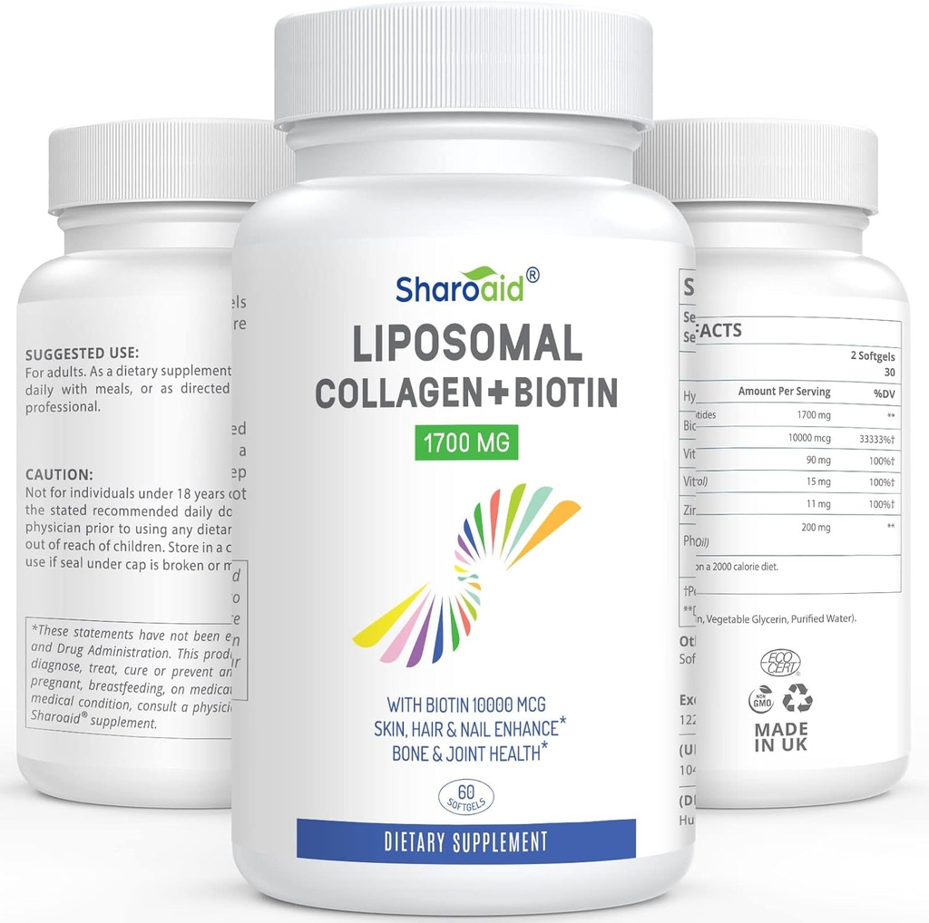 Liposomal Zhydrolizowany Kolagen Peptydes 1700mg i Biotin 10000mcg Suplementy dla kobiet, mężczyzn, Wysoka Absorpcja, Witamina E, C i Kapsułki cynku dla skóry, Wzrost włosów, stawów i paznokci, 60 Softgels